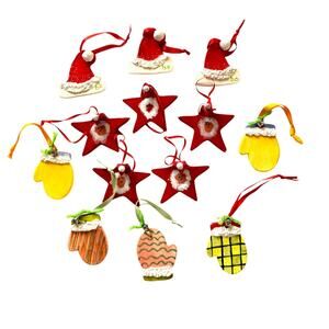 Set of 13 Hand Painted Clay Folk Art Country Holiday Christmas Tree Ornaments